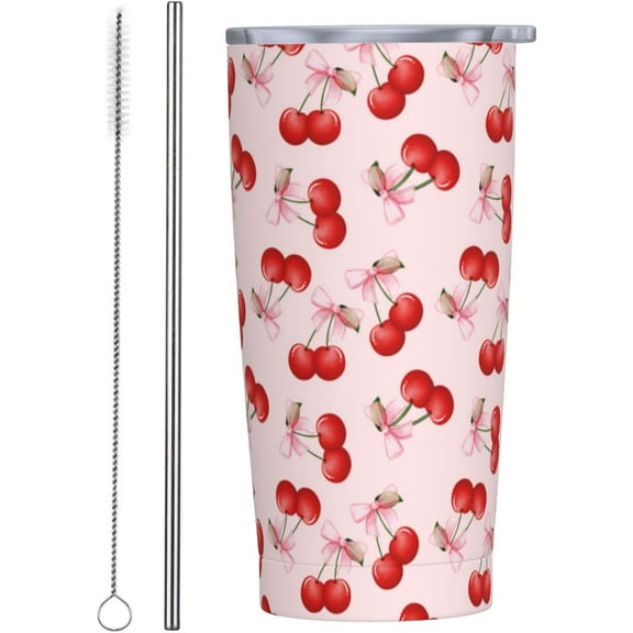 Cherry Tumbler Fruit Insulated Tumblers with Lid Straw Reusable Pink Bow Coffee Travel Mug Tea Wine Cups Birthday Gifts for Women 20 Oz