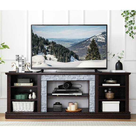 Cherry Tv Stand With Ample Space, 68.27"w X 15.81"d 26.55"h, Fits 75" Tvs Faux Stacked Stone Surround Stand, Cherry, 75'' Tvs, Storage And Console Function