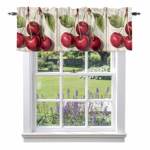 Cherry Valances for Windows, Fruit Watercolor Vintage Wood Texture Valance Window Treatment Rod Pocket Short Curtains Valances for Kitchen Bathroom 60"W x 18"L