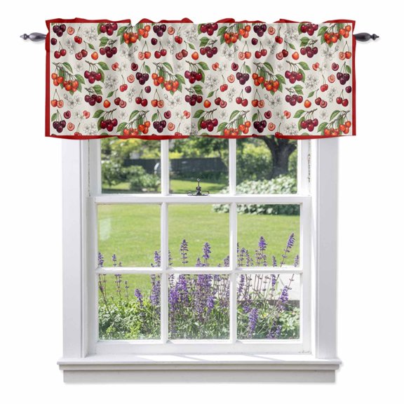 Cherry Valances for Windows Retro Pink Red Cherry White Floral Beige Texture Rod Pocket Cafe Window Treatments Valance Curtains for Kitchen Bathroom Laundry Basement Windows 54"x18"