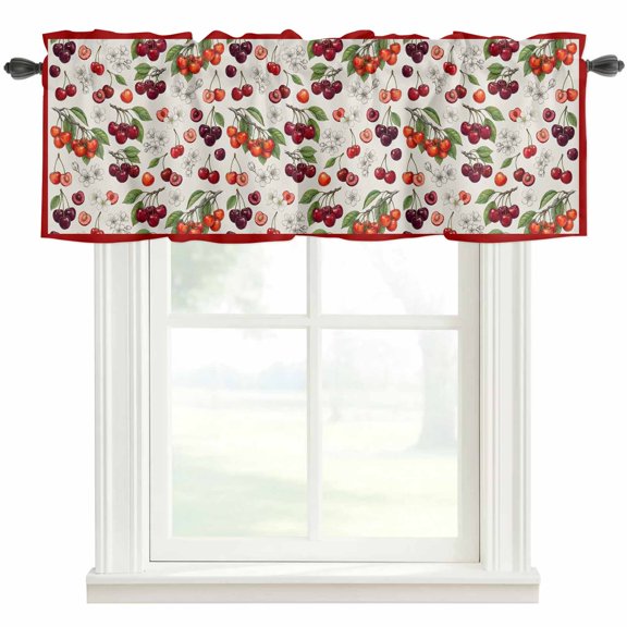 Cherry Valances for Windows Retro Pink Red Cherry White Floral Beige Texture Rod Pocket Curtain Valance Window Treatment Short Curtains for Kitchen Living Room, 54"x18"
