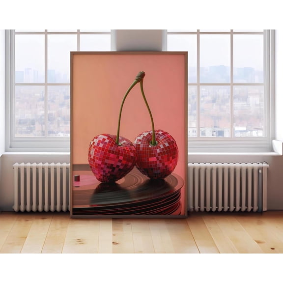 Cherry Vinyl Music Poster, Vintage Wall Art, Disco Ball Funky Print, Music Wall Art,Trendy Decor, Print,DIY art, Size 8x12 UNFFRAMED F03.1.8l2549