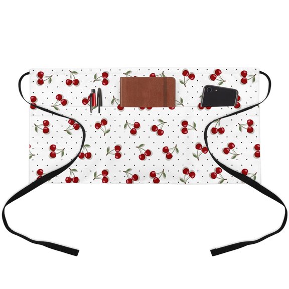 Cherry Waitress Apron with 3 Pockets, Modern Simple Red Berry Fruit Branches Dots Server Aprons Waterproof Kitchen Restaurant Half Waist Apron for Men Women