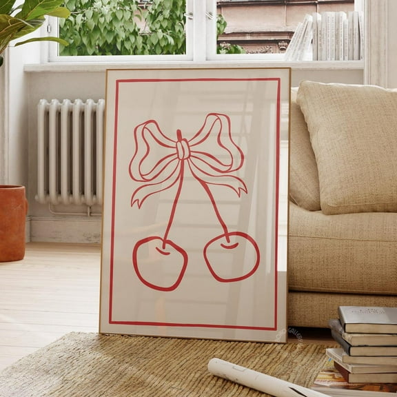 Cherry Wall Art Print, Cute Cherry With Coquette Bow For Bedroom Decor, Cherry Poster, Trendy Wall Art, College Apartment Wall Art, Modern Wall Decor, 8x12 UNFRAMED