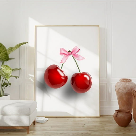 Cherry Wall Art, Red Pink Bow Print, Cherries Print, Pink Ribbon Print, Coquette Room Decor, Pink Preppy Wall Art, Trendy Wall Art, Modern Wall Decor, 8x12 UNFRAMED