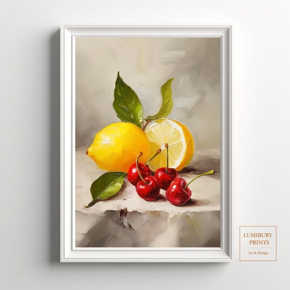 Cherry Wall Print, Lemon Wall Decor, Summer Fruit Print, Rustic Fruit Wall Art, Botanical Kitchen Art, Vintage Fruit Print, Home Decor #2078, Unframed Poster Size 8x12