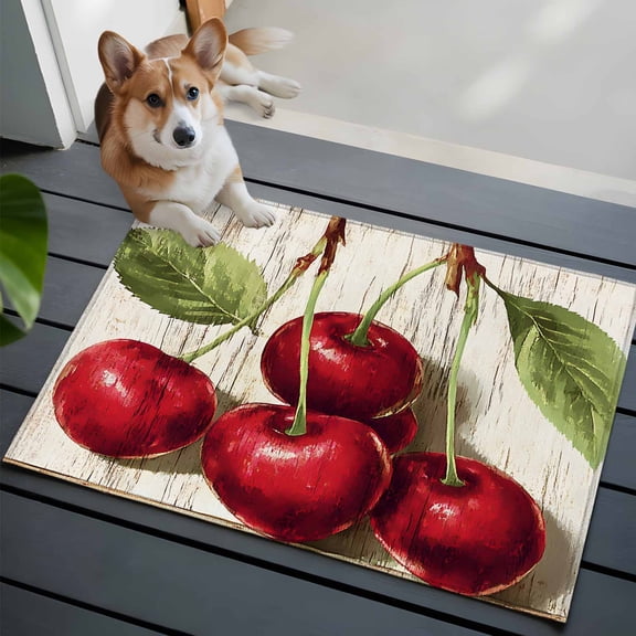 Cherry Washable Area Rug 2x3 Fruit Watercolor Vintage Wood Texture Low-Profile Area Rugs with Non Slip Backing Indoor Floor Carpet for Entrance Living Room Bedroom Home Office