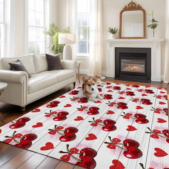 Cherry Washable Area Rug 8x10 Watercolor Red Fruit Love Wave Point Wood ...