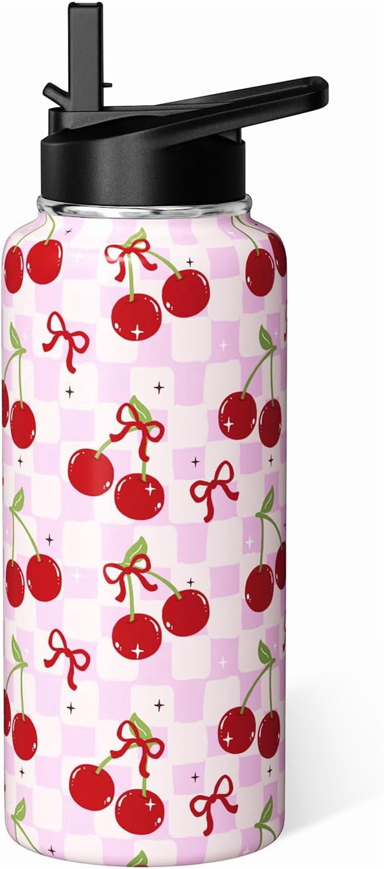 Cherry Water Bottle 32oz Insulated Stainless Steel Thermoses Sports Bottles Cup with Handle and Flip Straw Cherry Gifts Stuff for Girls Women
