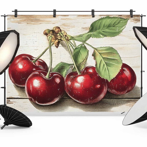 Cherry Watercolor Red Fruit Backdrop for Photography, Vintage Beige Leaf Photo Backdrop Portrait Background Party Banner Photo Backgrounds for Studio Booth Props, 10x8ft