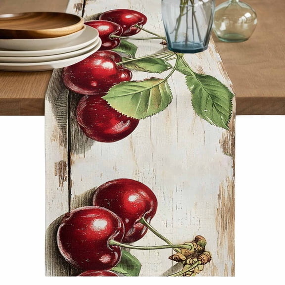 Cherry Watercolor Red Fruit Table Runner, Vintage Beige Leaf Cotton Linen Kitchen Table Decoration Washable Dining Tabletop Runners for Home Party Decor 13x90 Inches