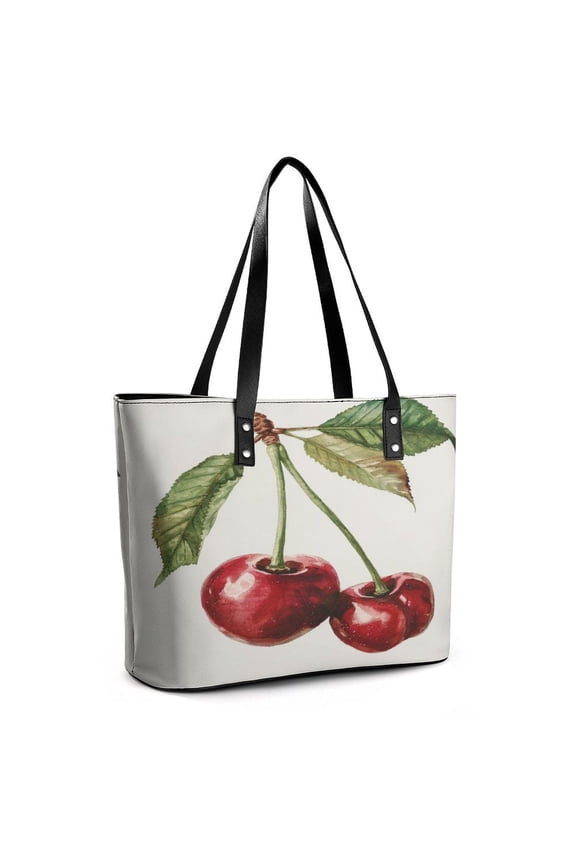 Cherry Watercolor with Leaves Woman Leather Handbags Large Tote Bag Fashion Portable Handbags With Zipper