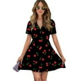 thumbnail image 1 of Cherry Women Dress V-Neck Short Sleeve Flowy Swing Party Midi Dress, 1 of 4