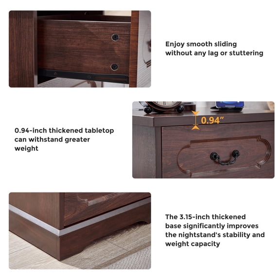 Cherry Wood 3 Drawer Dresser, Farmhouse Bedroom Storage with Charging Hub, Rustic Nightstand, USB and AC Outlets, Organizer for Clothes, Living Room, Brown