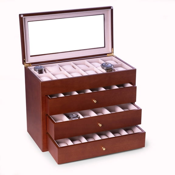 Cherry Wood 48 Watch Box with Glass Top & Drawer, Velour Lining & Pillows.