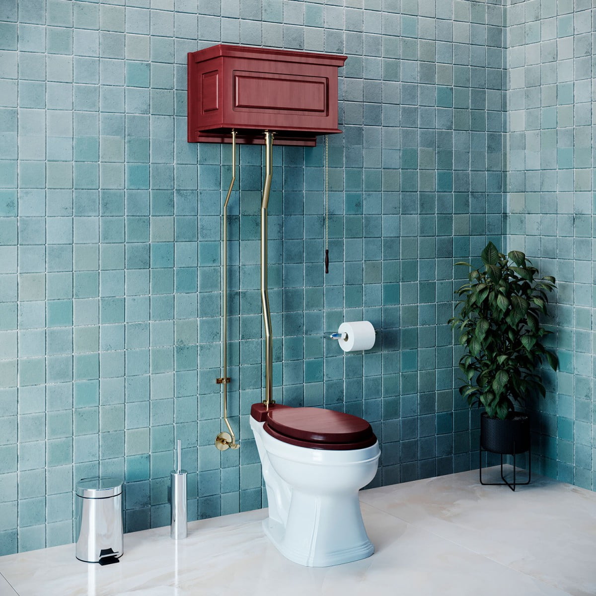 Cherry Wood Finish High Tank Pull Chain Toilet Wooden Raised Tank Round Top Entry White Porcelain Bowl and Brass Z Pipes Adjustable Height 59"- 74" w/Hardware Renovators Supply