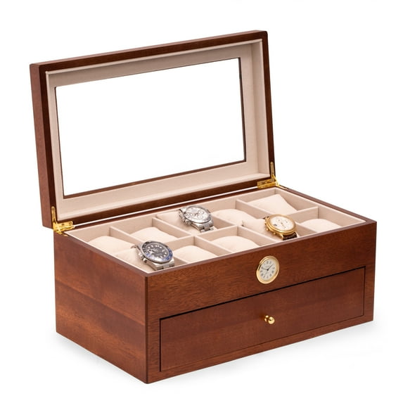 Cherry Wood Twenty Watch Box w/ Quartz Movement Clock