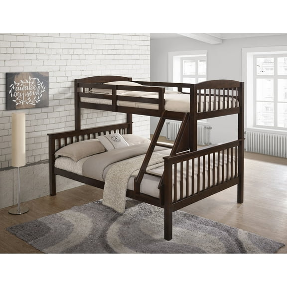 Cherry Wood Twin Over Twin Bunk Bed - Transitional Style, Angled Ladder, Slat Design, Solid Hardwood, for Bedroom, 60"W x 81"D, Easy Assembly
