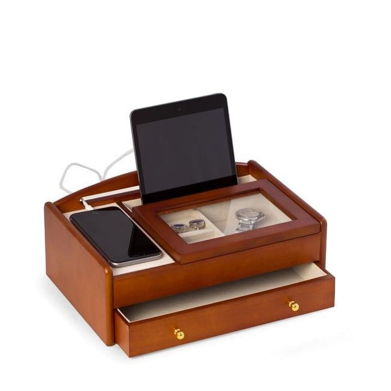 Light Brown Cherry Wood Valet Box with Glass Lid