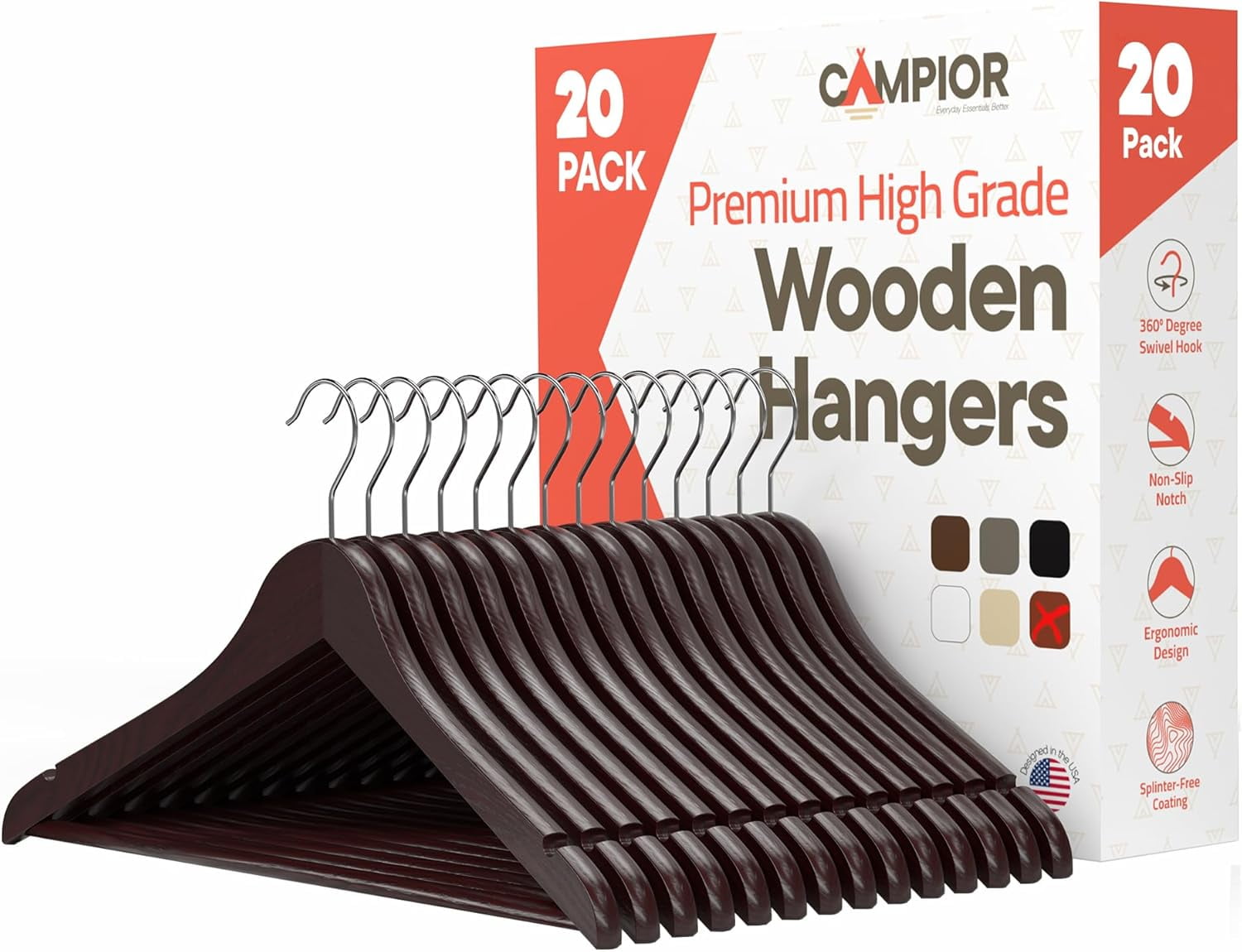 Cherry Wooden Hangers 20 Pack – Heavy-Duty with 360° Swivel Hook, Non-Slip, Pants Bar & Shoulder Grooves - Wooden Hangers for Suits, Jackets, Dresses & Camisoles, Space-Saving and Smooth Finish