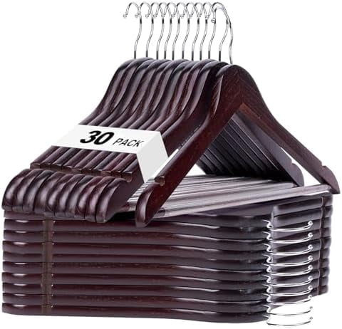 Cherry Wooden Hangers 30 Pack, Solid Wood Hanger with Non Slip Pant Bar, Heavy Duty Wooden Coat Hanger for Closet, Smooth Finish Wood Clothes Hangers for Shirts, Suits, Jackets, Dress