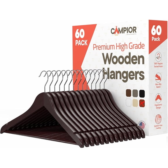 Cherry Wooden Hangers 60 Pack – Heavy-Duty with 360° Swivel Hook, Non-Slip, Pants Bar & Shoulder Grooves - Wooden Hangers for Suits, Jackets, Dresses & Camisoles, Space-Saving and Smooth Finish