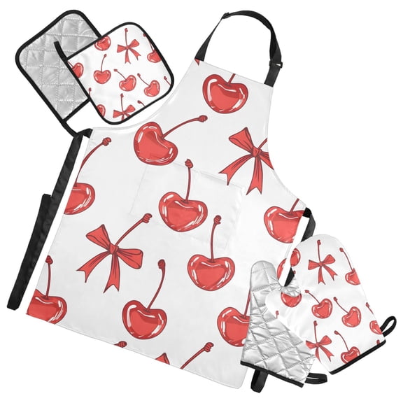 Cherry and Bow 5 Pcs Kitchen Set Heat Resistant Oven Mitts and Non-Slip Pot Holders with Adjustable Cooking Apron