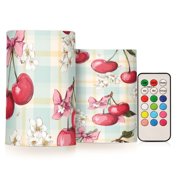 Cherry and Bow Flickering Flameless Candles Battery Operated with Remote Timer LED Pillar Candles Set of 2