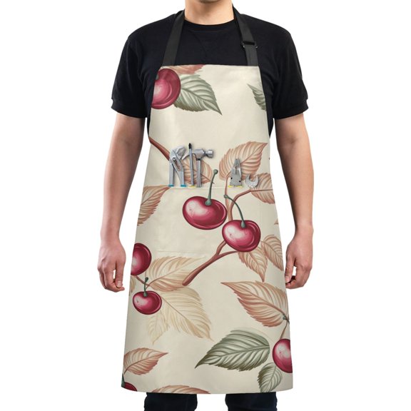Cherry and Leaves Pattern Chef Kitchen Apron with Pockets for Women Waterproof Aprons for Cooking Baking