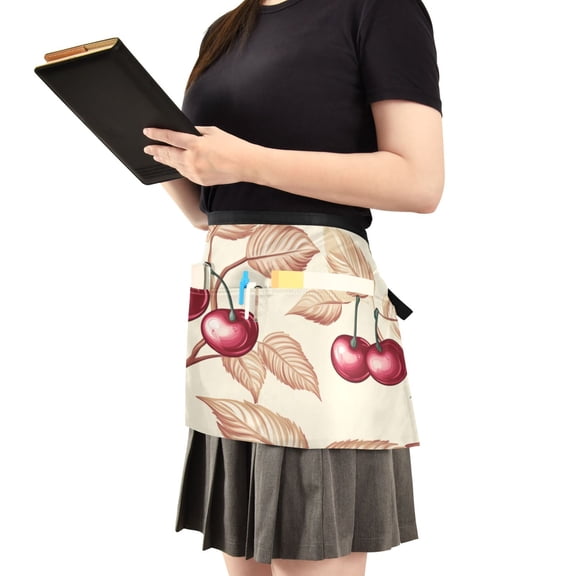 Cherry and Leaves Pattern Server Apron with 3 Pockets Waist Apron for Waiter Waitress