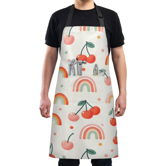 Cherry and Rainbow Kitchen Apron with 2 Pockets Adjustable waterproof Cooking Aprons for Women Men Chef
