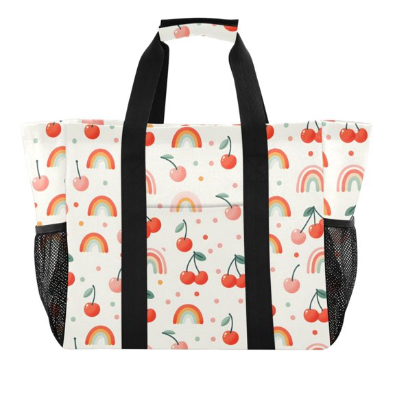 Cherry and Rainbow Reusable Grocery Bags with Handle Side Pocket Waterproof Shopping Portable Tote