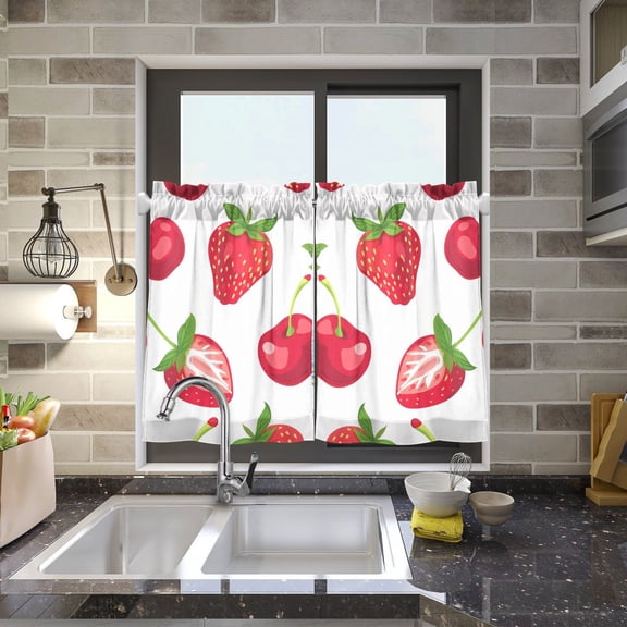 Cherry and Strawberry Kitchen Curtains Half Tier Curtain 2 Rod Pockets Bathroom Bedroom Cupborad Living Room 27"x24"
