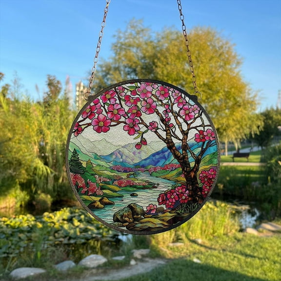Cherry blossom Painted Stained Glass Suncatcher, Window Hanging Decor, Outdoor Sun Catcher Decor, Japandi Wall Decor