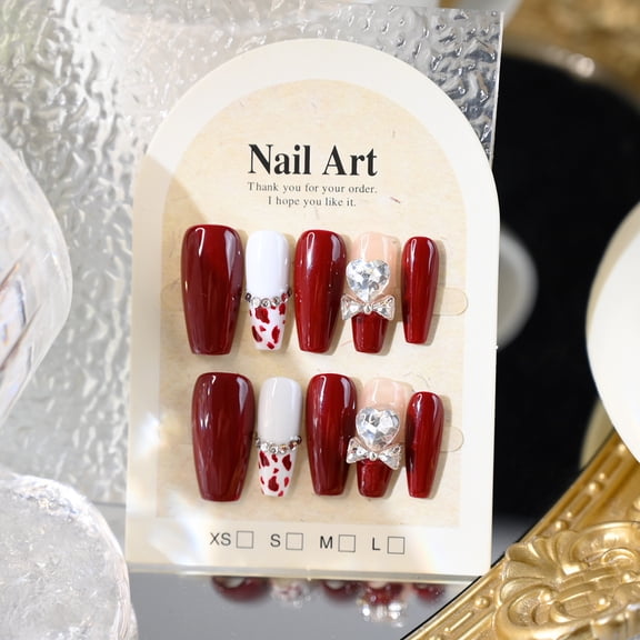 Cherry color, pure handmade manicure, hand-worn nail, finished product wholesale, French stacking drill, long manicure wearing nail piece