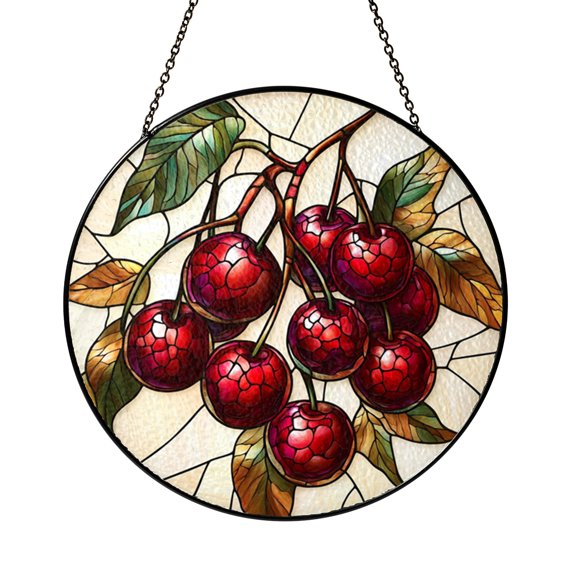 Cherry fruit window suncatcher, bright stained glass inspired accent