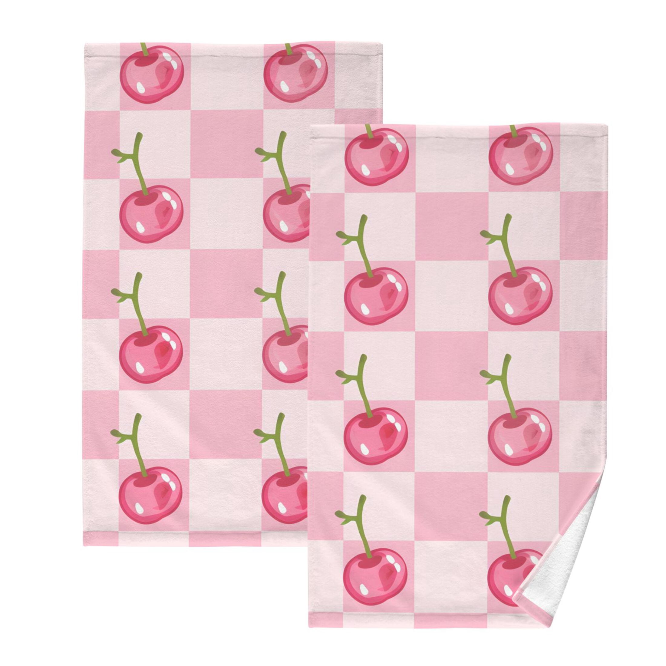 Cherry on Gingham Check 2 Pcs Hand Towel Set Cotton Absorbent Soft Face Towels Bath Towels for Bathroom Kitchen Shower Hotel Decor 16"x28"