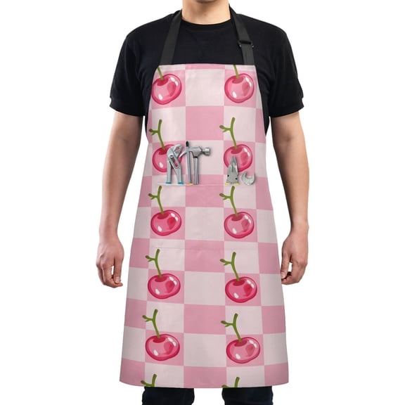 Cherry on Gingham Check Kitchen Apron with 2 Pockets Adjustable waterproof Cooking Aprons for Women Men Chef