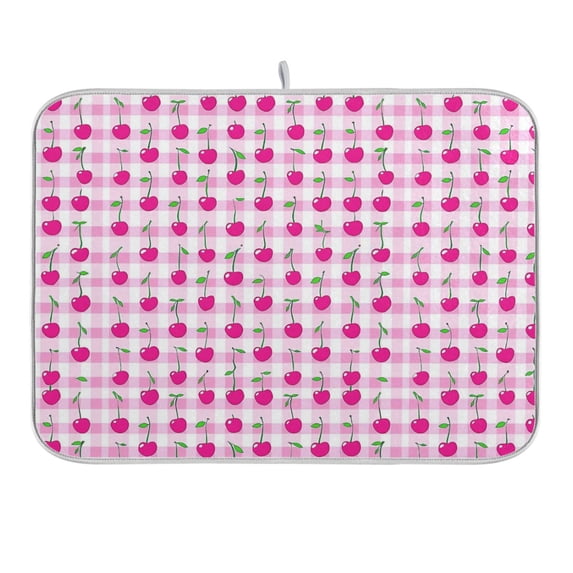 Cherry on Gingham Dish Drying Mat 16x18 Absorbent Microfiber Draining Rack Pad for Kitchen Counter Sink
