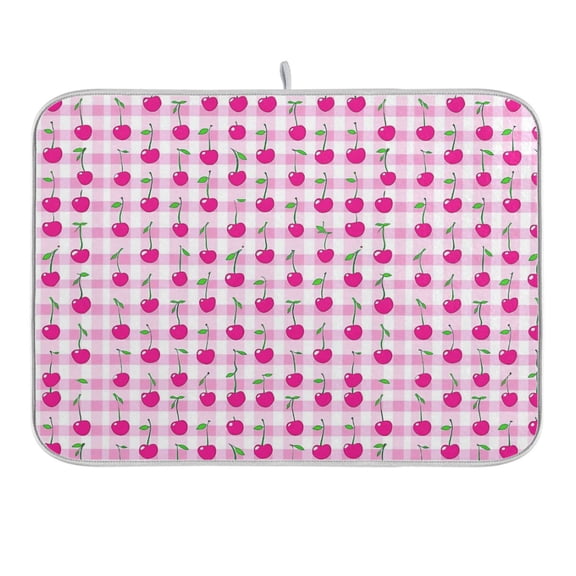 Cherry on Gingham Dish Drying Mat 16x18 Absorbent Microfiber Draining Rack Pad for Kitchen Counter Sink