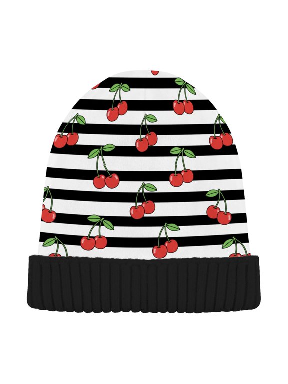 Cherry on Stripe Beanie Hat Unisex Warm Winter Hat Cap For Women Men Winter Running