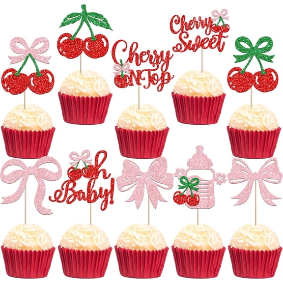 Cherry on Top Glitter Cupcake Toppers, Oh Baby Pink Bow Cherry Sweet Theme, Baby Shower and Birthday Party Decorations, 10 PCS