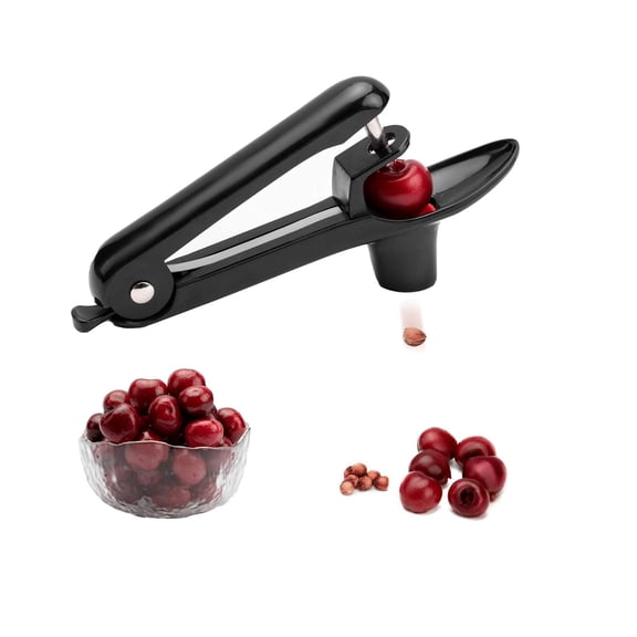 Cherry pitter, stainless steel cherry corer and pitter tool with handheld push design, time saving kitchen gadget for cherry jam, desserts, baking, compact and lockable storage, black