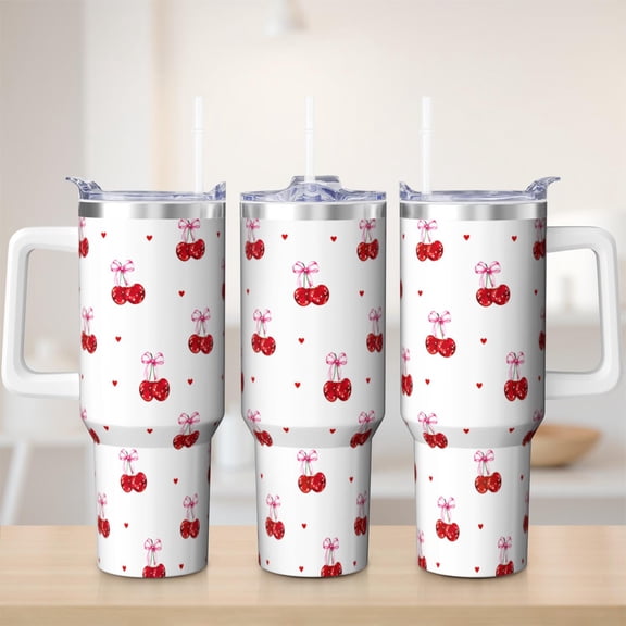 Cherry tumbler 40 oz tumbler with handle and straw 304 stainless steel travel cup coffee mug water bottle suitable as a gifts for women mom gifts gift for cherry lovers