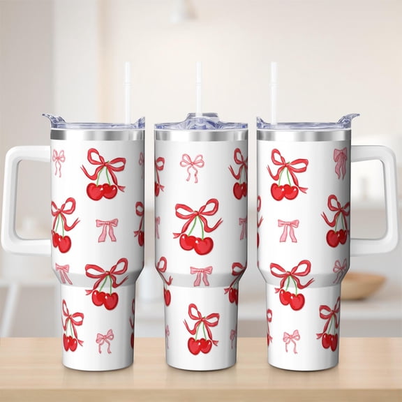 Cherry tumbler 40 oz tumbler with handle and straw 304 stainless steel travel cup coffee mug water bottle suitable as a gifts for women mom gifts gift for cherry lovers