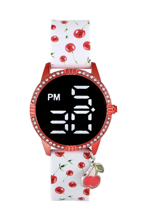 Girls White Cherry Printed Silicone Strap Watch with Digital ED Display: WN5252WM