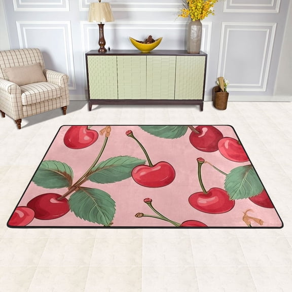 Cherry with Leaves Area Floor Mats Soft Large Nursery Rugs Non-Slip Foam Carpets Living Room Doormat for Bedroom Dinning Decor 36" x 24"
