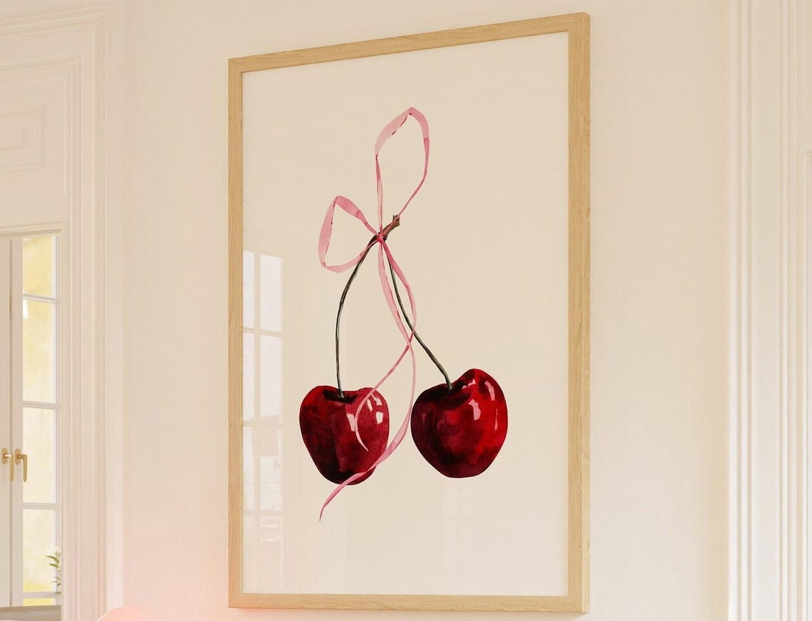 Cherry with Pink Ribbon Wall Art Print, Stretched Canvas 16x20in ...