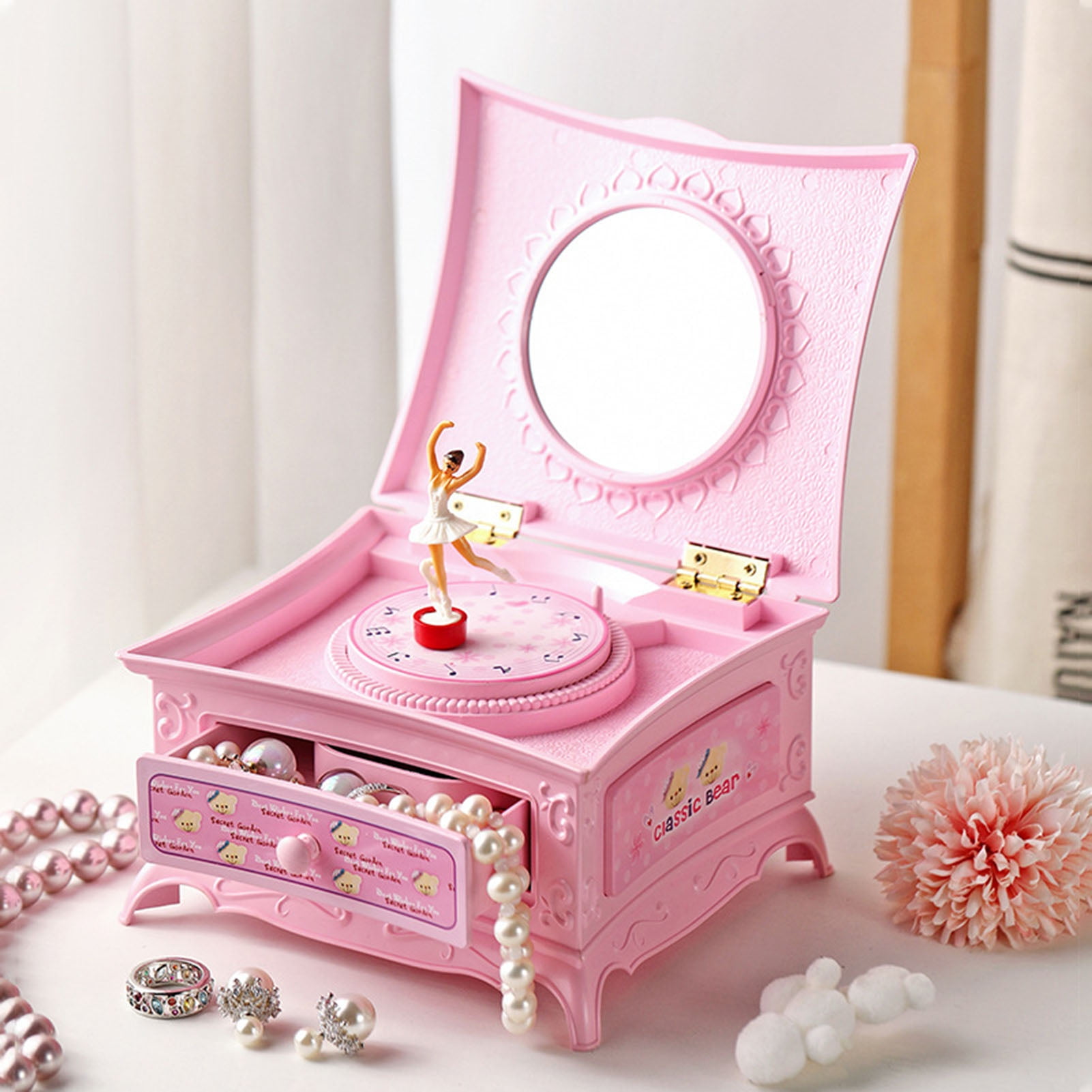 Cherryhome Sweet Musical Jewelry Box Drawer and dancing Ballerina Girl Figurines Music Box with Mirror Jewel Storage Case Charming Room Decor and Gift