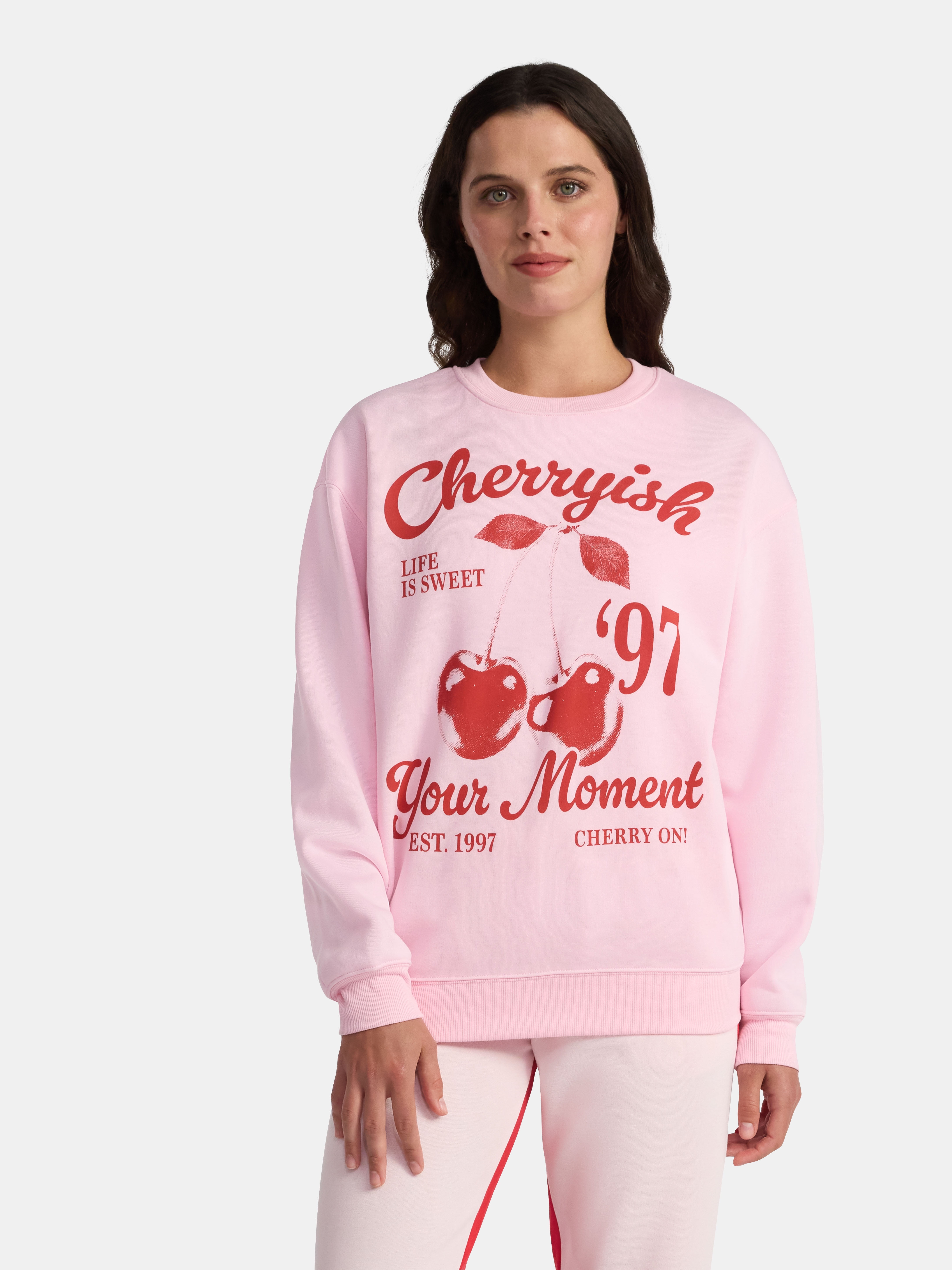 Women's Cherryish Graphic Sweatshirt with Long Sleeves, Sizes XXS